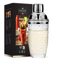 Glass Cocktail Shaker Martini Mocktail Making Set with Leakproof Metallic Steel Lid Woven Pattern Glass Cup Home Use Bar Gadget