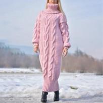 Women's Fall/Winter Long-Sleeve High-Neck Loose-Fit Cable-Knit Solid-Color Elegant Sweater Casual Dress 4XL juoda