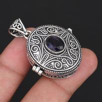 Vintage Oxidized Silver Round Locket Pendant with Purple Amethyst Gemstone  Intricate Filigree Swirl Design, Boho Ethnic Style Jewelry