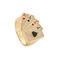 Men's Casino Poker Ring Brass Plated 14k Gold CZ Inlaid Zircon Four A Poker Cards Enamel Lucky Men's Ring 8