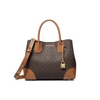 Michael Kors Mercer Gallery Senovinio gėlių rašto Spalvų blokas Raidinis logotipas Dengtas drobės Rago formos rankinė Peties pirkinių krepšys Mažas 30F1GZ5S5B-BRN-ACORN Basic Set (Bag+Dust Bag)