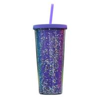 24OZ/710ml vandens puodelis su šiaudeliu, blizgučiais, dviguba sienele, banguotu kraštu, tiesus puodelis, sulčių, šaltos kavos puodelis, kasdieniam naudojimui violetinė