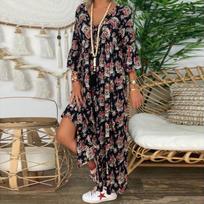 Ladies Plus Size Maxi Dress Long Sleeve V Neck Loose Fit Floral Print XXL juoda
