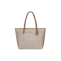 Coach City 33 Klasikinis monogramos raštas Didelės talpos dengtas drobės ir lygios odos rankinė Moteriška rankinė Pieno arbatos smėlio spalvos 5696-IMCZ9 Basic Set (Bag+Dust Bag)