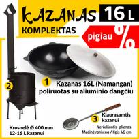 Komplektas: Krosnelė kazanui 3mm + Uzbekiškas kazanas 16L Namangan (išdegintas, poliruotas) | plokščias dugnas + Kiaurasamtis