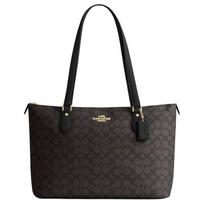 Coach Gallery 36 Klasikinis monogramos užtrauktuko užsegimas PVC oda Pečių krepšys per petį Pirkinių krepšys Moteriškas krepšys Tamsiai rudas CW381-IMXAQ Gift Box Set (Basic Set+Yellow Box)