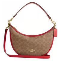 Coach Aria 26 monogramos rašto rankinė su užtrauktuku per petį dengtas drobės ir odos crossbody tote vidutinio dydžio moteriškos rankinės ruda raudona CCL26-IMYGS Basic Set (Bag+Dust Bag)
