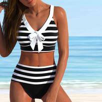 Moteriškas maudymosi kostiumėlis su petnešėlėmis, juodos juostelės raštu bikini Tankini maudymosi kostiumėlis S juoda