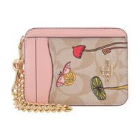 Coach Kortelių dėklas Gėlių rašto odinė piniginė Moteriška piniginė Chaki Rožinė CU403-IMX3T Pink Khaki