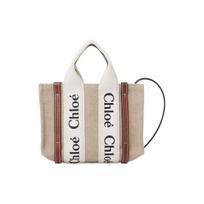 Chloe Woody logotipas spausdintas lininis drobės ir veršio odos rankinė moteriškos rankinės smėlio spalvos ruda CHC22AP237I2690U Basic Set (Bag+Dust Bag)