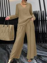 Women's Royal Blue V-Neck Long Sleeve Top and Wide Leg Pants Set S žalia