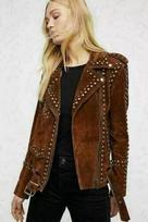 Brown Women Suede Genuine Studded Biker Leather Jacket Stylish Handmade Jacket S ruda