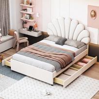 Polsteriuota lova 140x200 cm su gėlės formos galvūgaliu, saugykla, beige