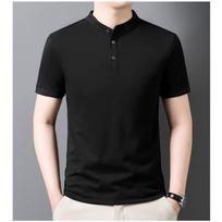 Men's Slim Fit Mandarin Collar Polo Shirt - Casual Button Placket Short Sleeve Top M juoda