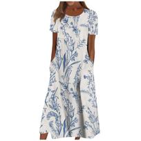 Women's Casual Dresses Printed Dresses Summer Dresses Printed Pleated Round Neck Midi Dresses Basic Classic Outdoor Daily Short Sleeve Loose Dresses XL balta