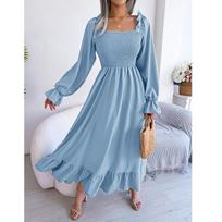 Women's Casual Color Square Neck Flared Sleeves, Large Swing Ruffle Edge Long Skirt Dress S