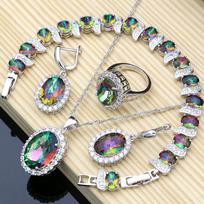 Sidabrinės spalvos papuošalų rinkiniai Rainbow Mystic Fire Kubinis cirkonis moterims vestuvių rinkinys 7