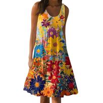 Hawaiian Dress For Women Summer Spring Pleated Bohemian Dresses Cute Sleeveless Flowing Beach Straight  Tank Dresses Round Neck Dresses S