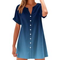 Women Fashion Casual V-neck Short Sleeve Button Gradient Print Dress M mėlyna