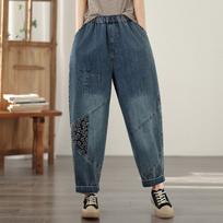 plus size Vintage floral patchwork high waist casual loose Women Spring summer autumn jeans denim Harem Pants M