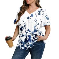 Women's Plus Size Fashionable Casual Loose-Fit Short Sleeve Elegant V Neck Blouse For Work L juoda
