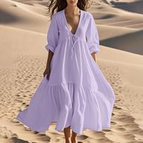Women's Summer Fashionable Color V-neck Short Sleeved Beach Dress Lace Patchwork Dress S juoda
