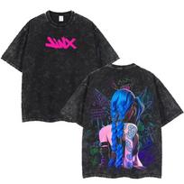 „Arcane Jinx Neon Graffiti“ vintažiniai skalbti marškinėliai, unisex „League of Legends“ gerbėjo gatvės stiliaus marškinėliai, 100 % medvilnės laisvalaikio palaidinė trumpomis rankovėmis L