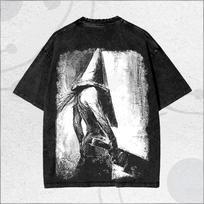 Silent Hill Pyramid Head Vintažiniai skalbti siaubo žaidimų marškinėliai, Unisex psichologinio siaubo gerbėjų gatvės apranga, 100% medvilnės laisvalaikio trumpomis rankovėmis viršus L