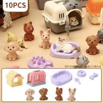 Mini augintinio katės šuns figūrėlės žaidimų rinkinys, žaidimas „apsimeskime augintinio priežiūra“ su narveliu ir šėrimo priedais vaikams 10Piece Set (Includes 4 Puppies)