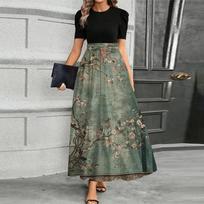Women's Fashionable Casual Belt Short Sleeved Round Neck Print Elegant Temperament Dress M
