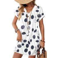 Women's Fashionable Floral Print V-neck Short Sleeved Pocket Casual Pullover Dress XXXL