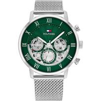 Tommy Hilfiger Vyriškas Skeletas Chronografas Kvarcinis Laikrodis Žalias Ciferblatas Sidabrinis Korpusas Sidabrinis Tinklelio Apyrankė 1710567 sidabras