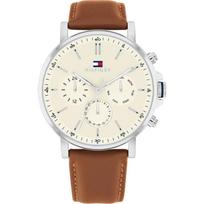 Tommy Hilfiger Vyriškas Chronografo Kvarcinis Laikrodis Kreminis Ciferblatas Rudas Odinis Dirželis 1792143 ruda