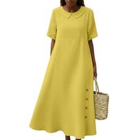 Women's Fashion Vintage Button-Up Round Neck Loose-Fit Casual Dress L šviesiai žalios spalvos