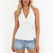 Women's Fashionable Plain Sleeveless V-neck Sexy Cross-Back  Top L armijos žalia spalva