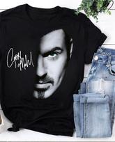 Vintažiniai George Michael dainininko trumpomis rankovėmis pilno dydžio juodi vyriški moteriški marškinėliai BL144 Unisex T-shirt M