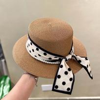 Prancūziškas taškuotas perlų šiaudinis skrybėlė moterims Elegantiškos ponios Kaubojiška apsauga nuo saulės Panama kepuraitė Platus kraštas Moteriška kelioninė paplūdimio skydelis kepuraitė balta