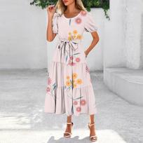 Women's Summer Short Sleeve Round Neck Waistband Bohemian Flowy Maxi Dress With Pockets M smėlis