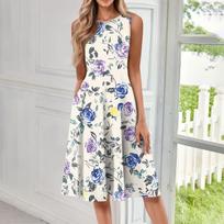 Women's Casual Fashion Floral Print Round Neck Sleeveless Midi Dress XXL