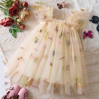 Girls Fashion Cute Butterfly  Princess Dress Colorful Flower Embroidery Dresses 80 balta
