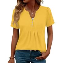 Womens Tops Dressy Casual V Neck Short Sleeve Shirts Pleated Blouses Button Down Tunic L armijos žalia spalva