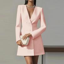 Women's Fashionable Elegance -Colour Long-Sleeved Double-Breasted V-Neck French- Suit Dress XXL