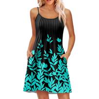 Fashion Women Summer Dress Vintage Floral Print Adjustable Spaghetti Straps Beach Vacation Casual Dress With Pockets XXL tamsiai mėlyna