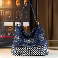 Europos ir Amerikos Mada Retro Mada Deimantais Puošta Didelės Talpos Džinsinė Karšto Štampavimo Atsitiktinė Peties Crossbody Rankinė mėlyna