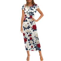 Women's Fashion Casual Print Round Neck Short Sleeve Long Dress XL raudona