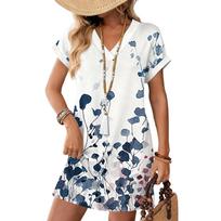 Women's Fashionable Floral Print V-neck Short Sleeved Pocket Casual Pullover Dress XXXL tamsiai mėlyna