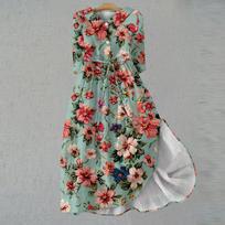 Women's Fashion Retro Floral Print Lapel Button Three Quarter Sleeve Dress XL žalia