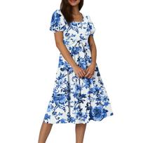 Women's Summer Floral Print Short Sleeves Neck Waistband Bohemian Flowy Maxi Dress With Pockets XXL
