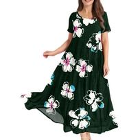 Women's Summer Round Neck Short Sleeve Floral Printed Boho Loose Dresses M tamsiai mėlyna