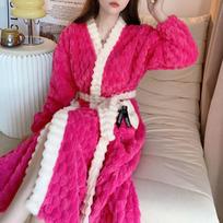 Karštai rožinė kimono stora koralų vilnos naktiniai moteriški laisvi miego drabužiai, ilgi chalatai su kišenine panele rudens žiemos naujas chalatas M